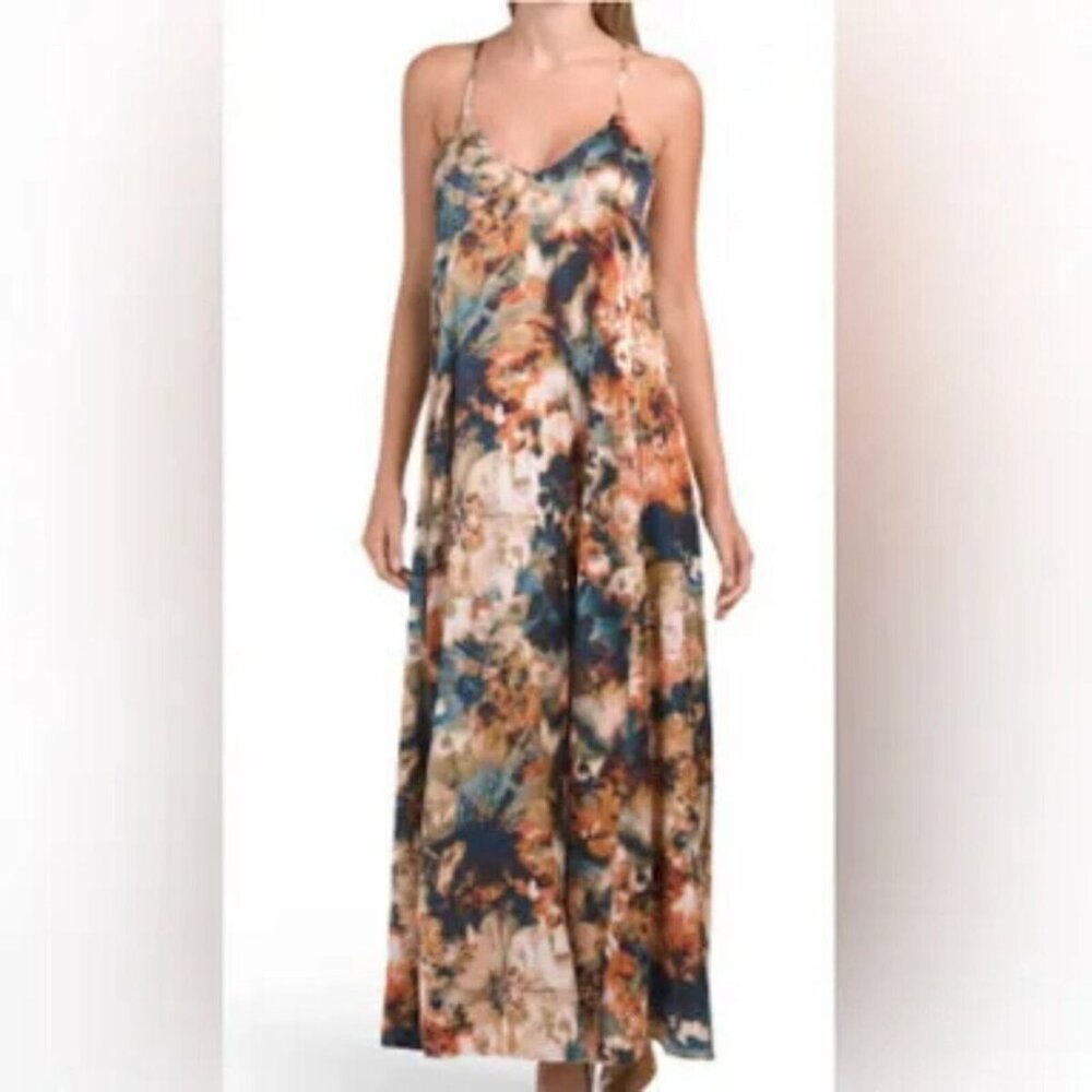 Nicole Miller Watercolor Abstract Floral Satin Maxi Dress | Size M | Pockets